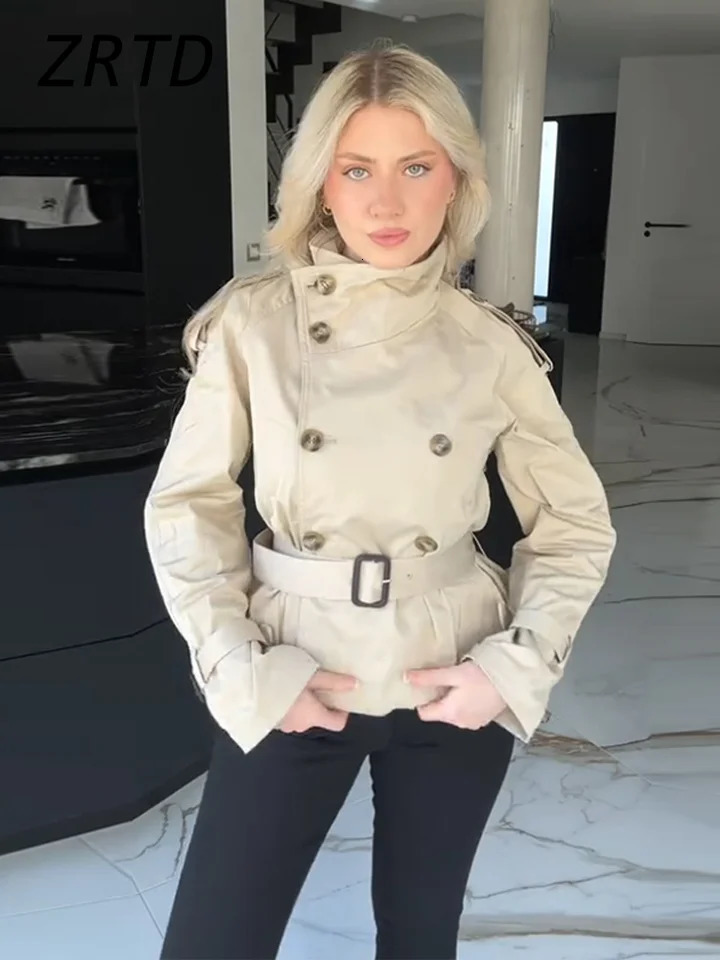 Fashion Womens Short Belt Jackets Turtleneck Double Breasted Full Sleeve Female Trench Coats 2025 Spring Lady Commute Outwear 250716
