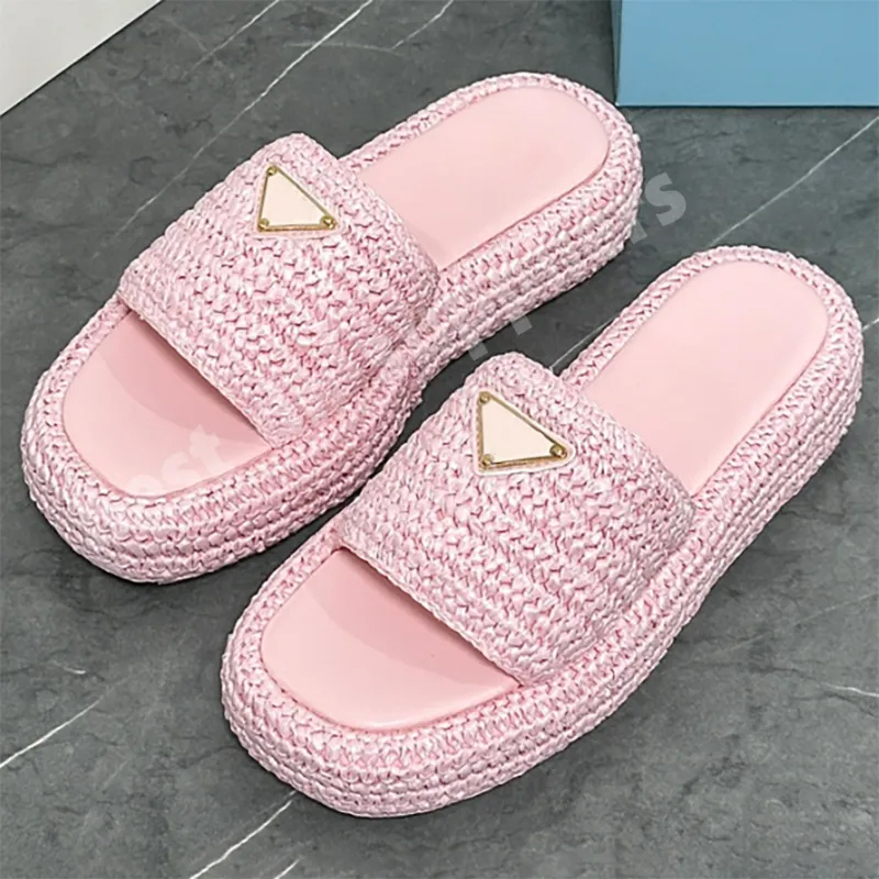 Designer High Quality Groove Sandals Summer Flat Beach Raffia Woven Slippers Multiple Colors