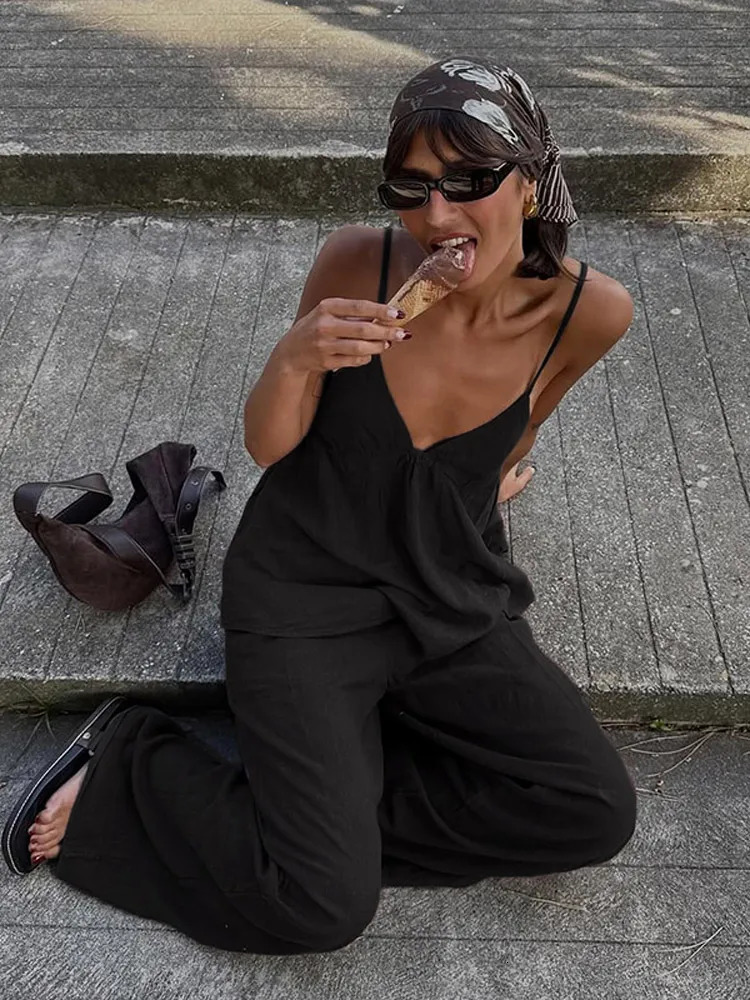 Fashion Solid Cotton Linen Backless Vest Pant Set Women Sleeveless Tank Tops High Waist Wide Leg Pants Suit 2025 Lady Streetwear 250715