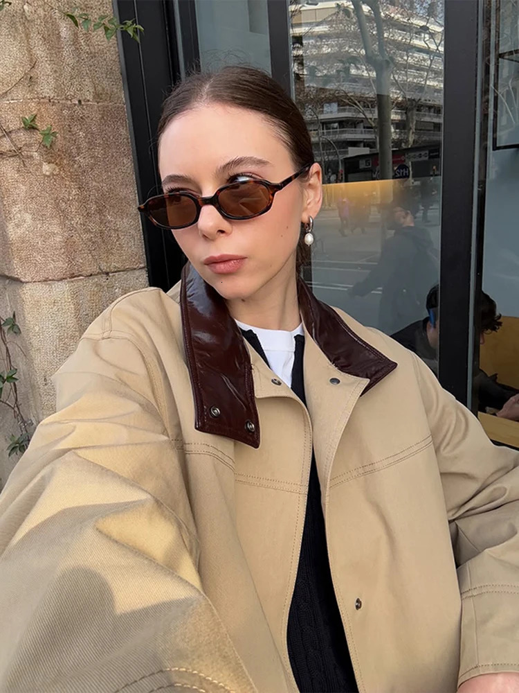 Retro PU Leather Collar Jacket Women Casual Loose Khaki Patchwork Stand Collar Button Trench Jackets Chic Versatile Streetwear 250716