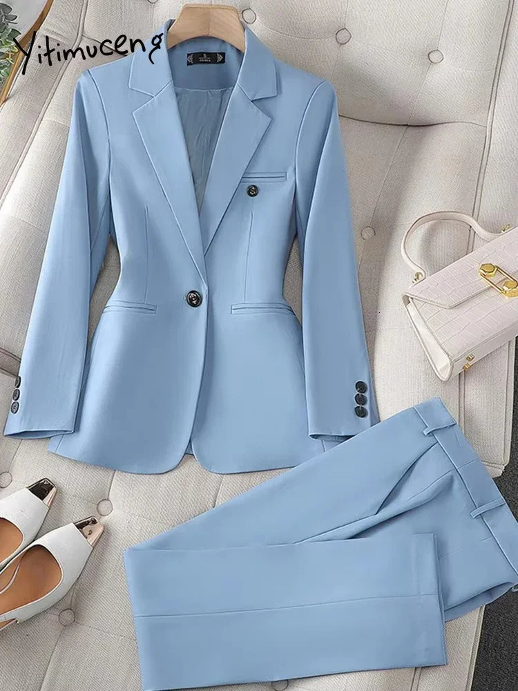 Casual Blue Blazer Suits Women Office Wear Long Sleeve Single Button Jacket 2 Pieces Set Chic Fashion Pant Suits Elegant Ladies 250715