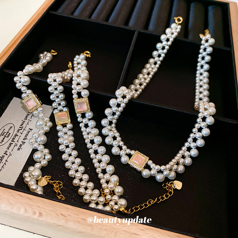 2 Pcs Pearl Zircon Moonstone Freshwater Pearl Necklace Set for Women French Light Luxury Temperament Bracelet Female Wedding Jewelry Sets