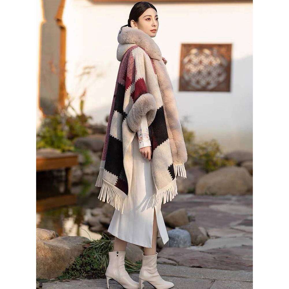 Designer Clothing Fashion Comfort Faux Fur Wool Blends Cape Coat Hood Women Winter Long Loose Thicken Lining Warm Cardigan Outerwear Wraps Fashion