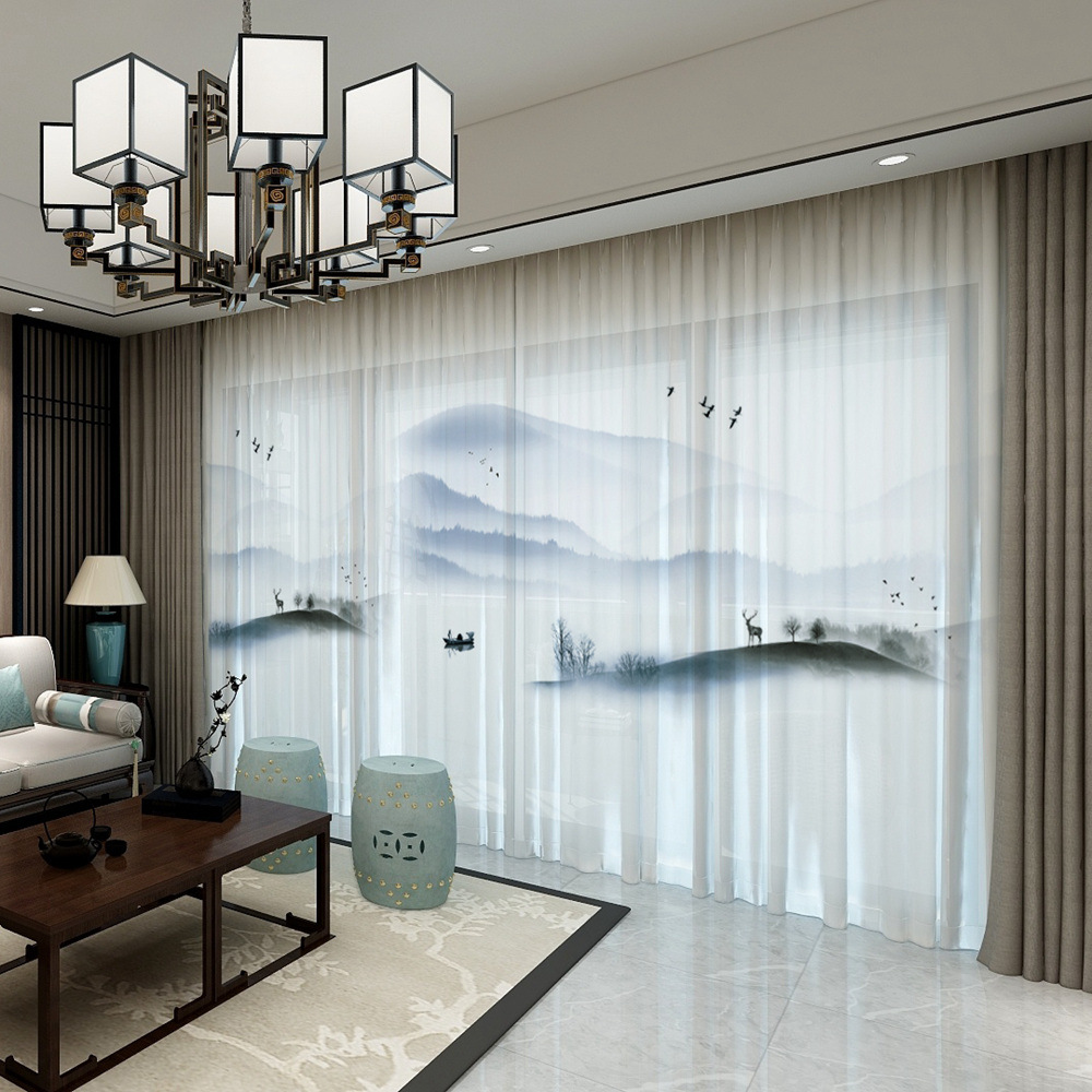 YL-36636 New Chinese style landscape painting all-match chiffon window screen living room bedroom tea house temple light-transmitting and non-transmit