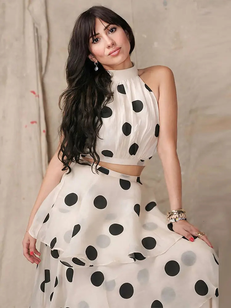 Fashion Polka Dot Womens Two Piece Suit Halter Sleeveless Top Elastic Waist Pleated Long Skirt Summer Lady Party Outfits 250717