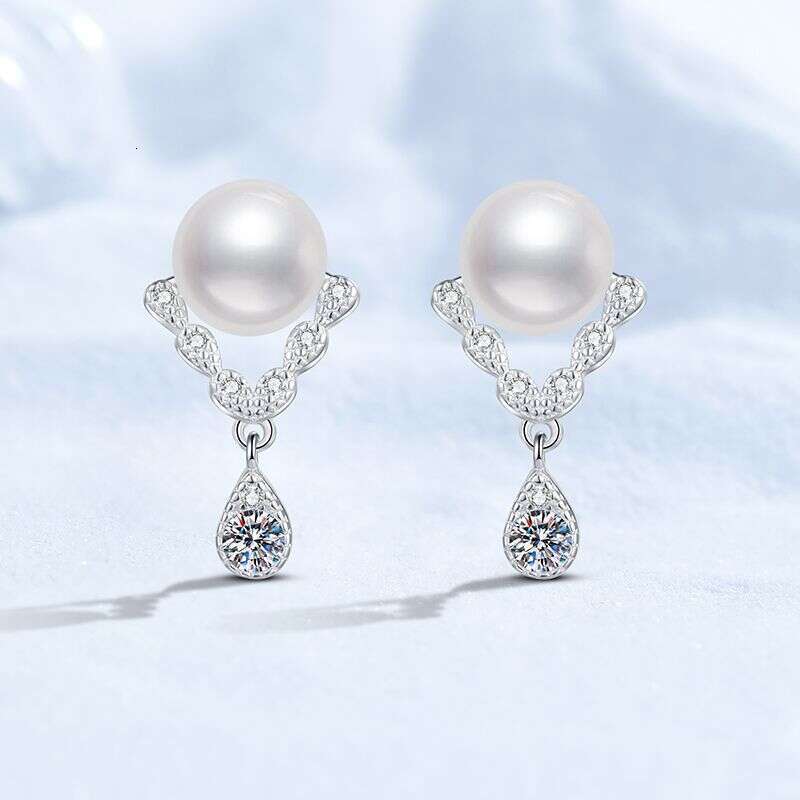 Moissanite S Sterling Sier Natural Freshwater Pearl V-Shaped Elegant High-End Earrings for Women 68f