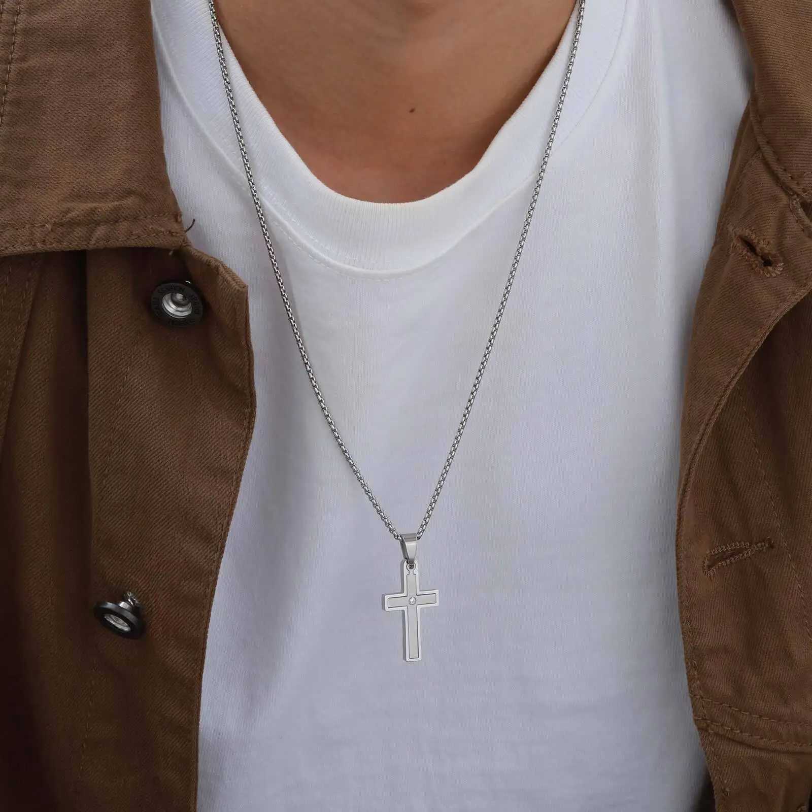 50pcs Stainless Steel Cross Pendants Necklaces Zircon Center Inlayed Christ Cross Collar for Men Wen Faith Jewelry W250718