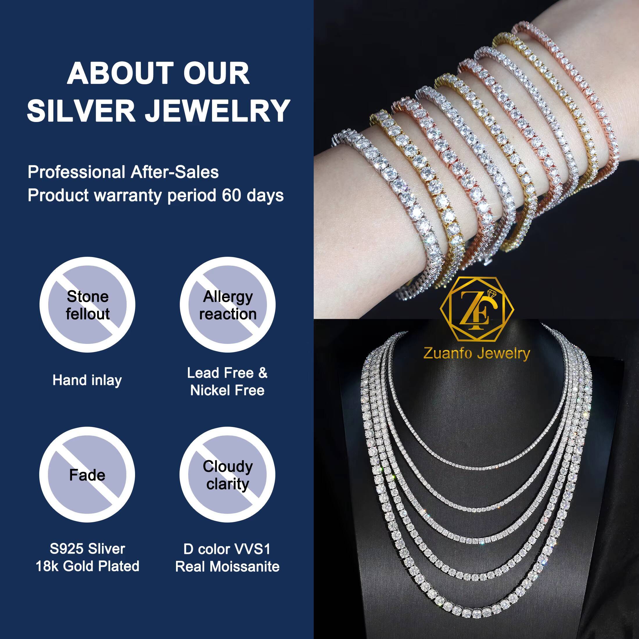 Pass Diamond Test 2MM 3MM 4MM 5MM 6.5MM S925 Silver Moissanite Chain Women Men Necklace Moissanite Tennis Chain Wholesale Price