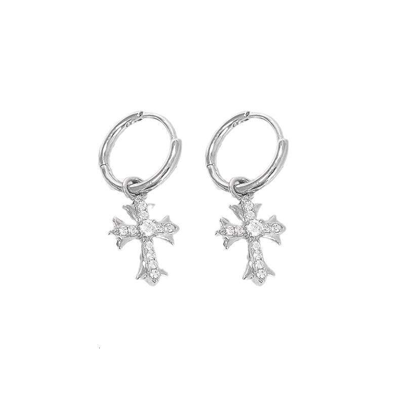 Super Shiny Dia-studded Designer Jewelry Cross Pendant Double Ear Hole Stackable Versatile Hoop Earrings For Women