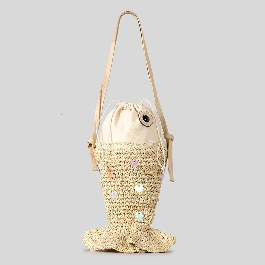 Ceative Sequins Fish Shaped Straw Women Shoulder Bags Paper Woven Crossbody Bag Funnuy Cute Summer Beach Bag Small Female Purses 250717