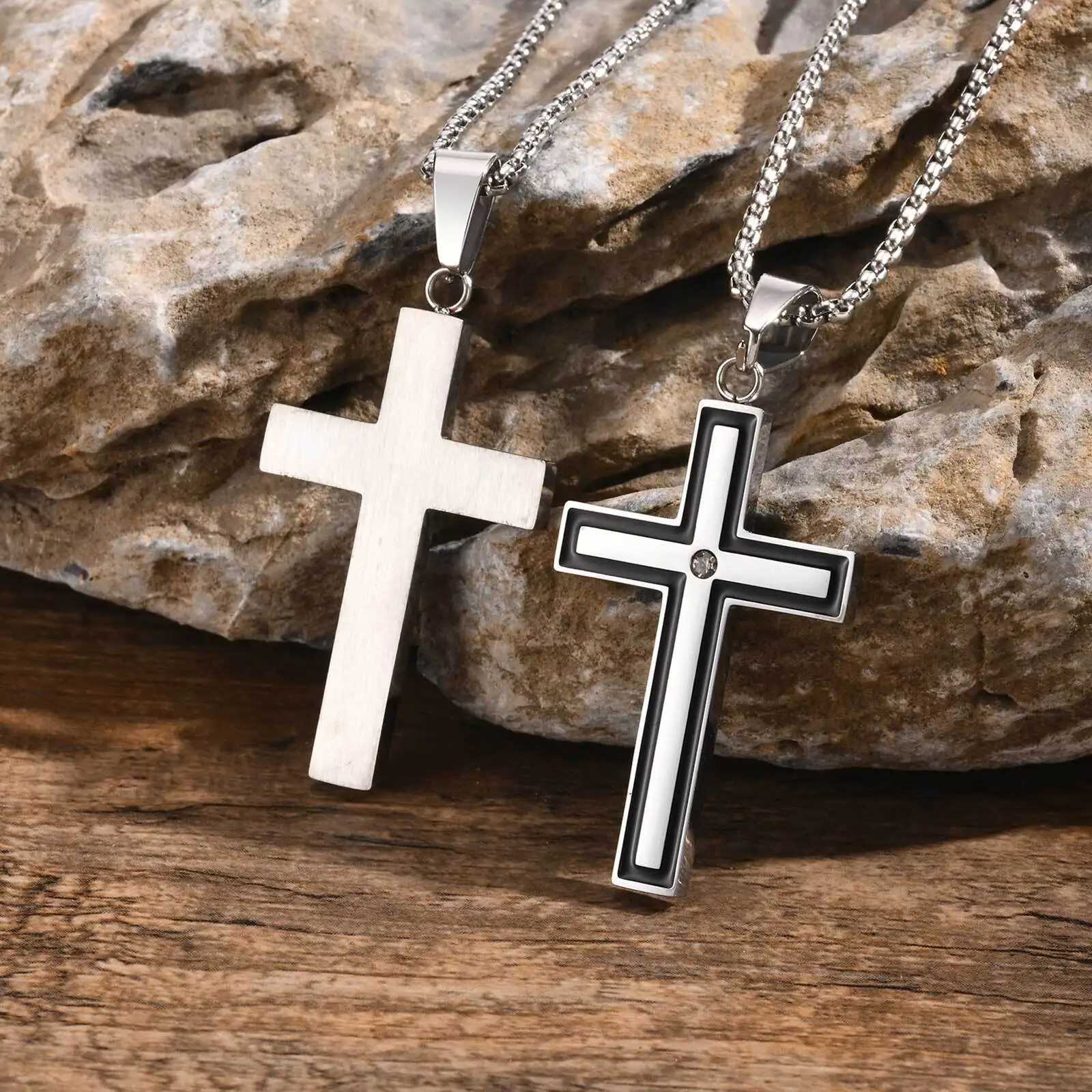 50pcs Stainless Steel Cross Pendants Necklaces Zircon Center Inlayed Christ Cross Collar for Men Wen Faith Jewelry W250718