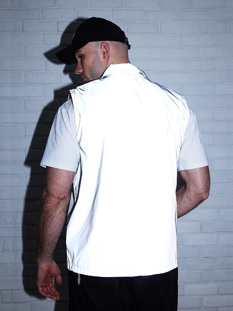 Spring Summer Thin Mens Reflective Vest Night Running Outdoor Stand Collar Sleeveless Jacket Streetwear Dancing Hiphop Clothes 250707