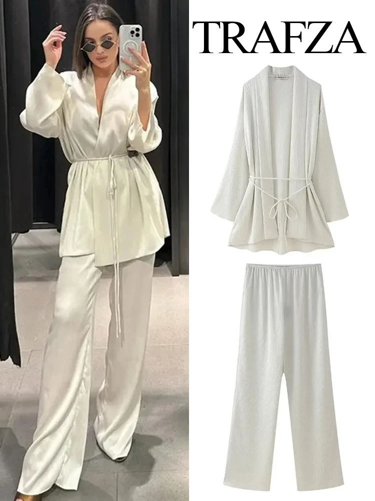 TRAFZA Women 2 Piece Set Pleated Texture Lace Up Decorate Fashion Kimono Shirt TopSolid Elastic Waist Wide Leg Long Pant Mujer 250714