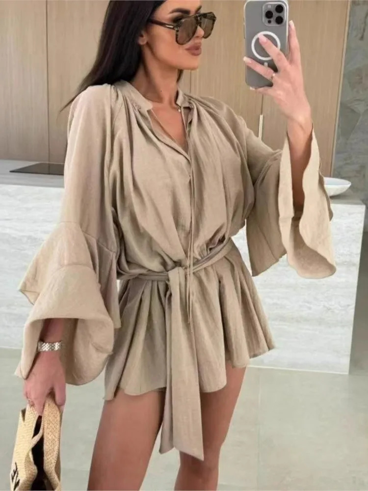 Sweet Flared Sleeves Dresses For Women 2025 Sexy Deep V-neck Fashion Mini Dress Spring Summer Lace Up Solid Dress Robe Femme 250715