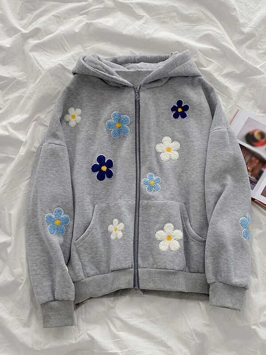 Women s Floral Embroidery Hoodie Long Sleeve Hood Sweatshirt with Front Pocket Z250719