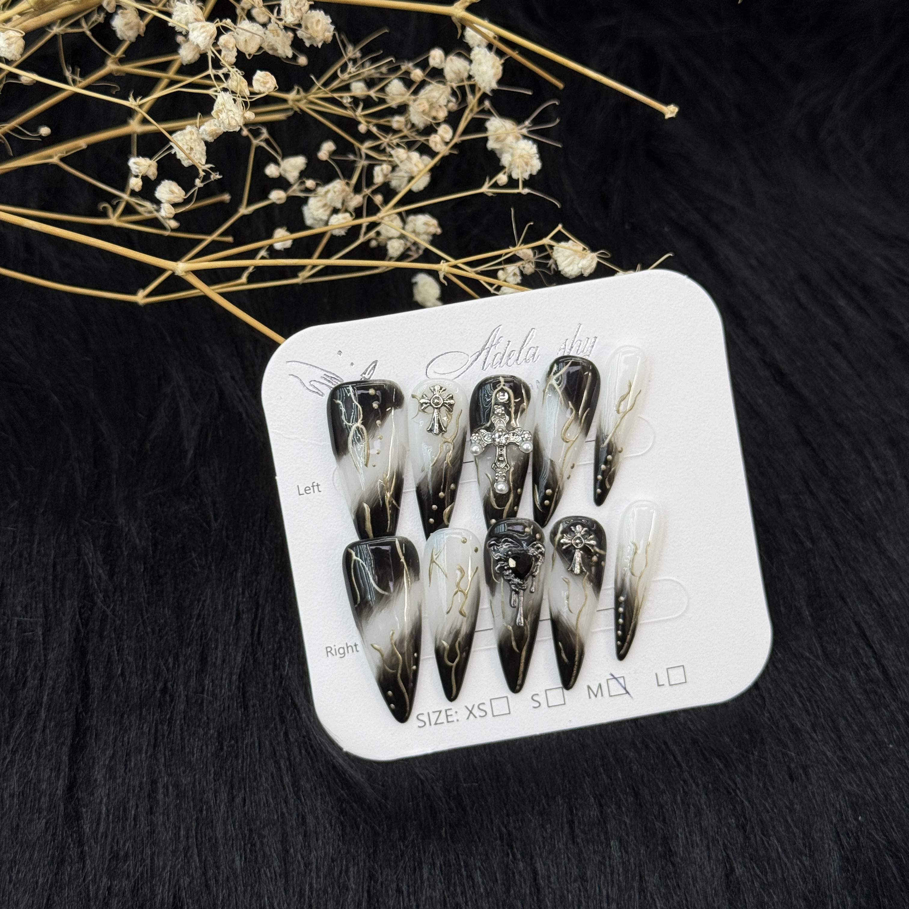 10Pcs Gothic Ombre Cross Press-On Nails - Black & White Punk Manicure Set