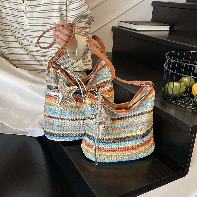Rainbow Striped Straw Fashion Single Shoulder 2025 Summer New Women's Crossbody Handheld Woven Bucket Bag