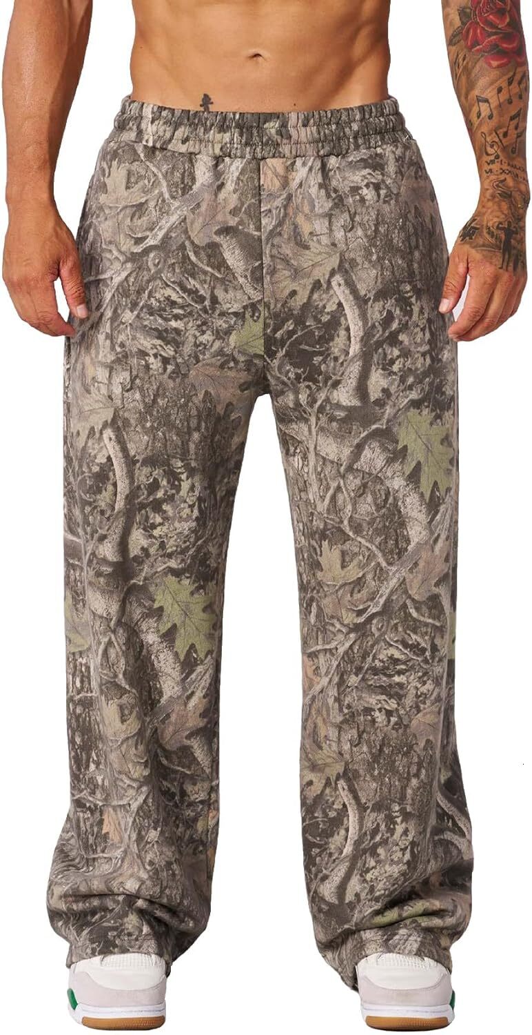 Men's Camo Graphic Leaf Print Baggy Sweatpants Joggers Casual Elastic Waist Wide Leg Trousers Y2K Streetwear Pants