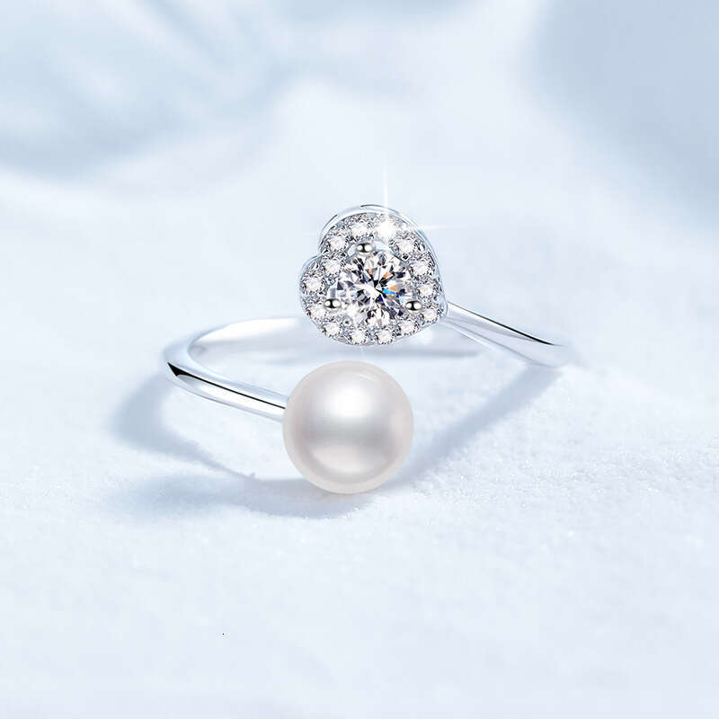 S Sterling Sier Moissanite for Women, Heart-Shaped Natural Freshwater Pearl Adjustable Ring 027