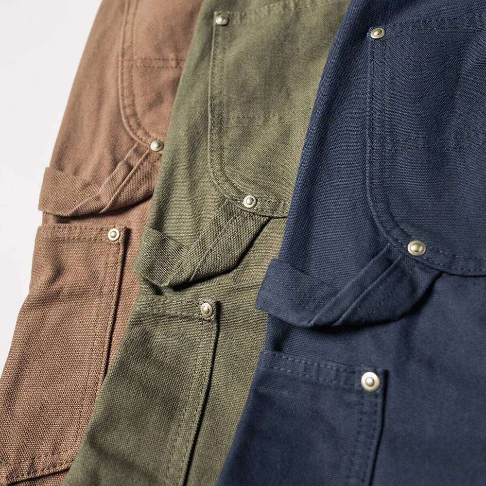 QT Old Era Double Knee Reinforced Canvas Overalls Double Knees American Retro Straight Thick Casual Pants