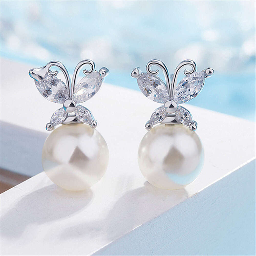 Korean Style Elegant Sier Fashion Inlaid Dia Butterfly Pearl Pendant Simple Fresh Earrings for Women