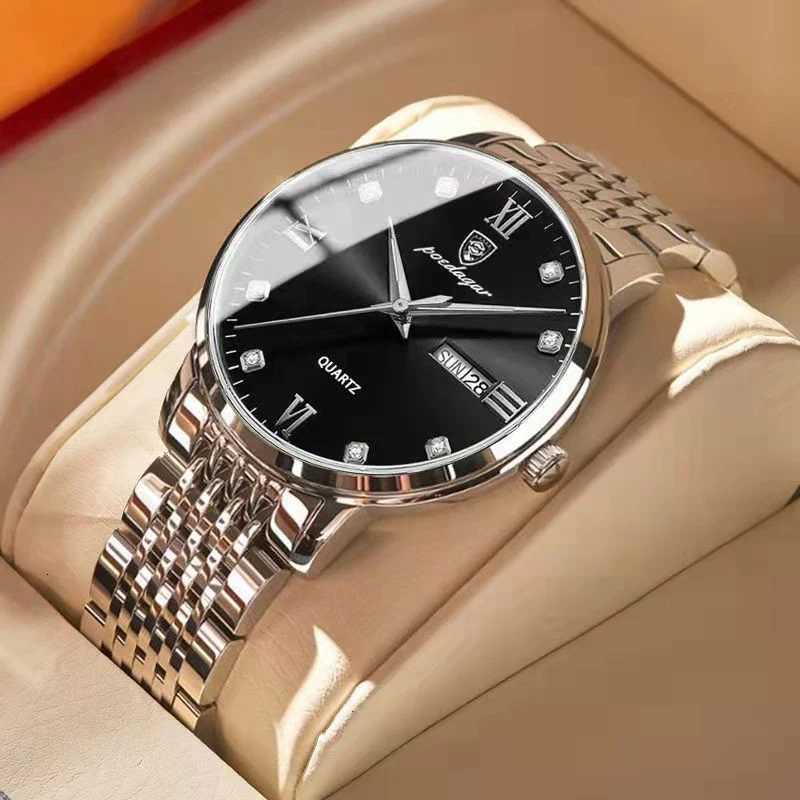 POEDAGAR Stainless Steel Men Quartz Wristwatch Waterproof Luxury Brand Fashion Sport Luminous Mens Watches Calendar Gifts Clocks W250718