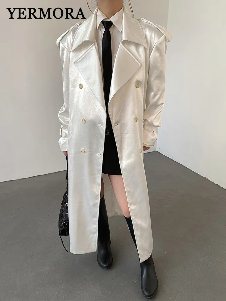 YERMORA white double-breasted eleGant trench for women lapel long sLeeve windbreaker fashion spring autumn 2025 A274 250715