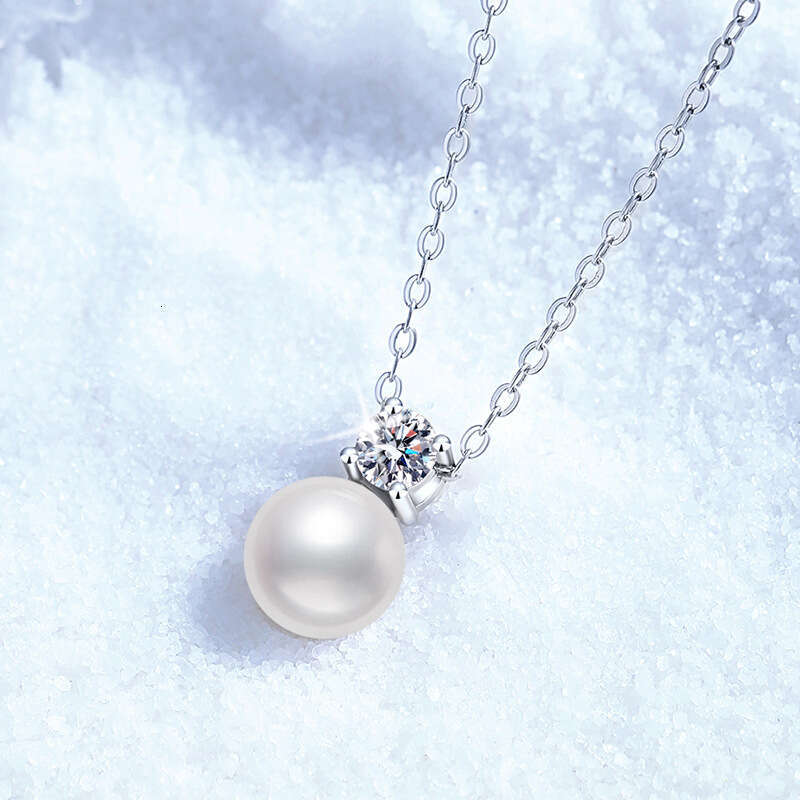 S Pure Sier Natural Freshwater Pearl Strong Luster Round Simple Elegant 30 Points Moissanite Necklace a14