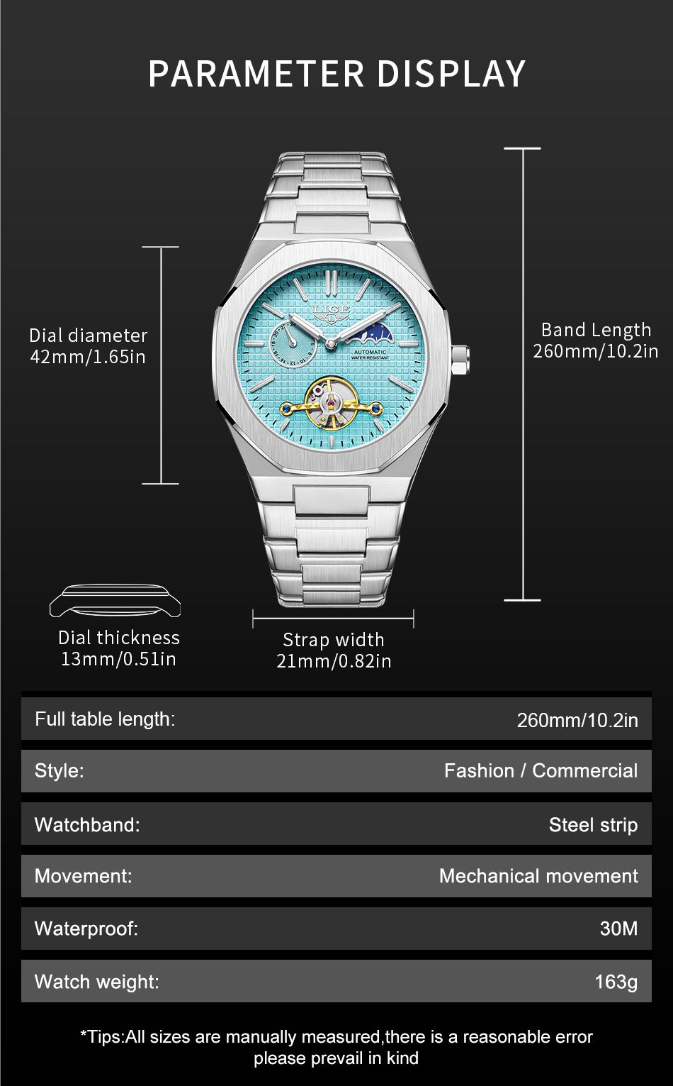LIGE Men's Mechanical Watch Automatic Tourbillon Stainless Steel Strap 30m Waterproof Watch Moon Phase Fashion Business Watch Holiday Gifts