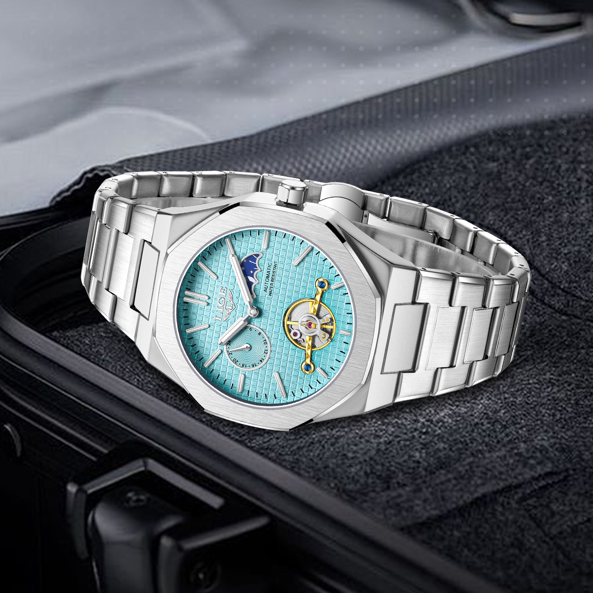 LIGE Men's Mechanical Watch Automatic Tourbillon Stainless Steel Strap 30m Waterproof Watch Moon Phase Fashion Business Watch Holiday Gifts