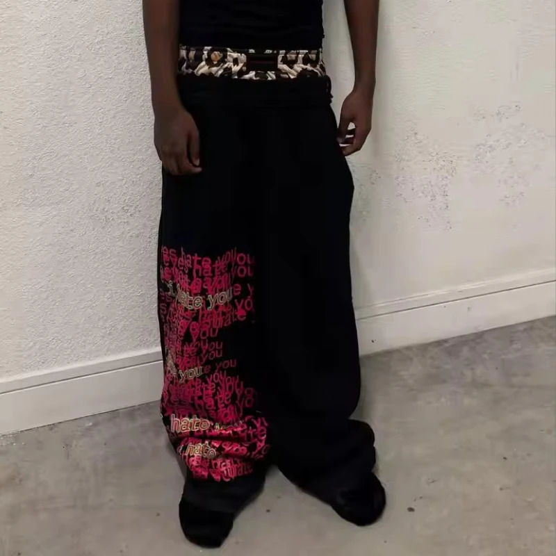 Vintage Print Double Waist Joggers Men Pants Fashion Hip Hop Streetwear Men Baggy Pants Sweatpants Casual Trousers Men Clothing 250717