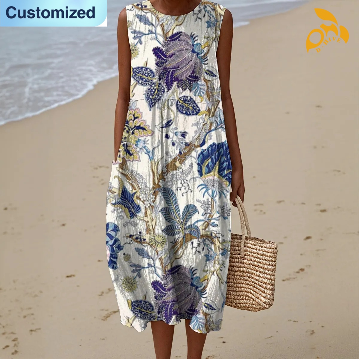 free shipping designer of customized fashionable full-body printed sleeveless women's dress with exquisite patterns from US