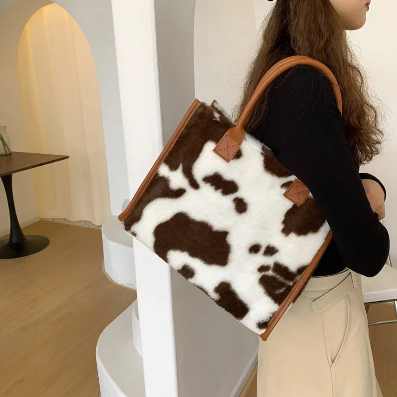 Women Soft Plush Hand Bag Winter Leopard Cow Print Tote Bags Female PU Leather Underarm Bags Furry Fluffy Shoulder Bag 250717