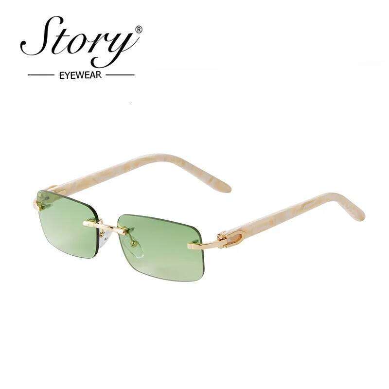 STORY 2022 Retro Frameless Marbling Frame Acetate Sunglasses Men Women Fashion Green Lenses Rimless Rectangle Sun Glasses S520C