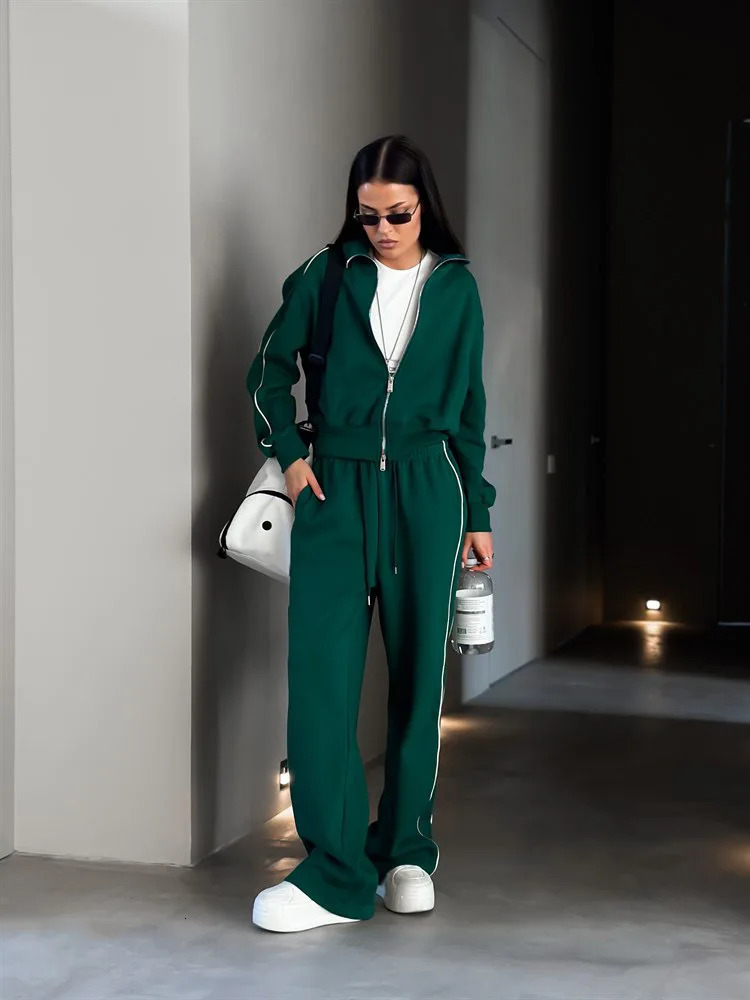 Autumn Fashion Long Sleeve Sports Womens Suit Casual Turn-down Collar Zipper Tops And Loose Wide Leg Pants Female Two Piece Set 250714