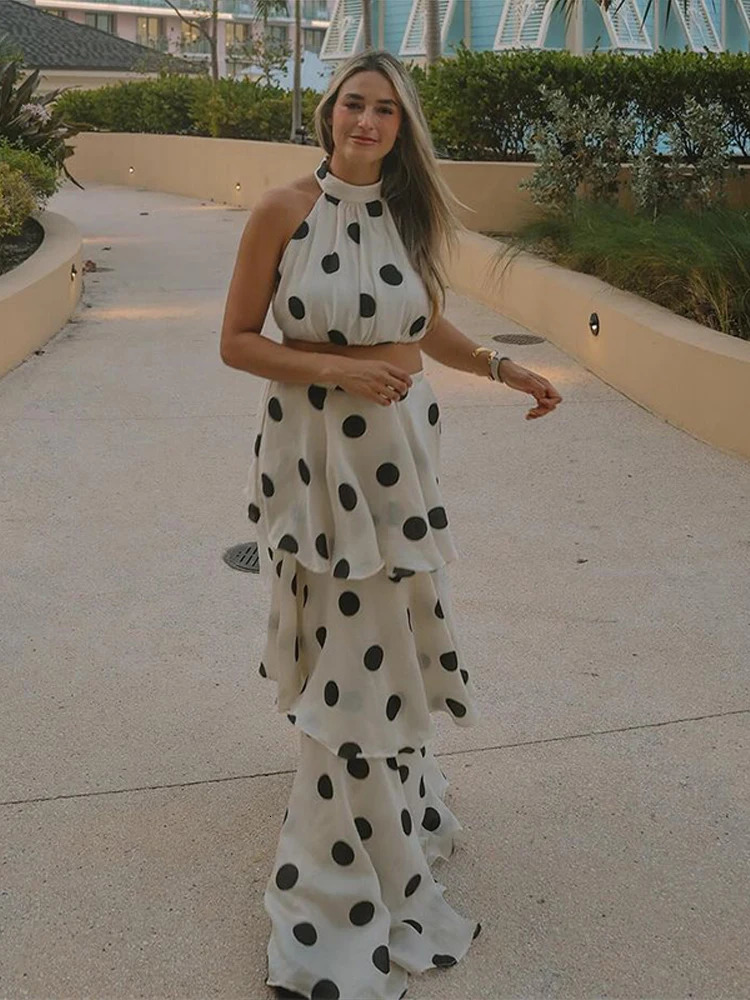 Fashion Polka Dot Womens Two Piece Suit Halter Sleeveless Top Elastic Waist Pleated Long Skirt Summer Lady Party Outfits 250717