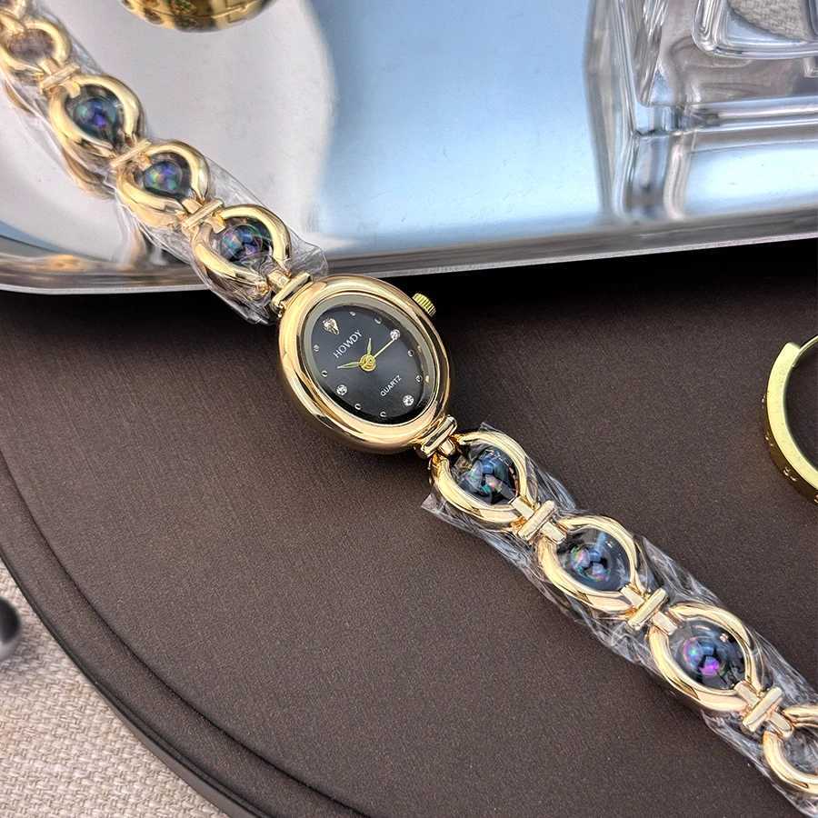 Ladies Silky Texture Oval Alloy Case Set with Movable Fine Bead Bracelet Sun Print Rhinestone Dial Elegant Lady Quartz Watch W250718