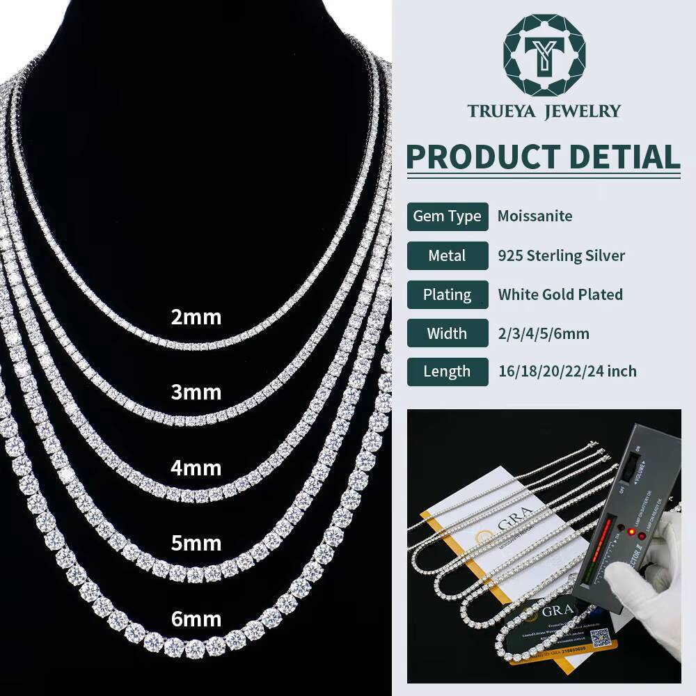 In Stock Wholesale Men Women 2-6mm 925 Sterling Silver Hip Hop Jewelry Vvs Mossanite Moissanite Diamond Tennis Necklace Chain