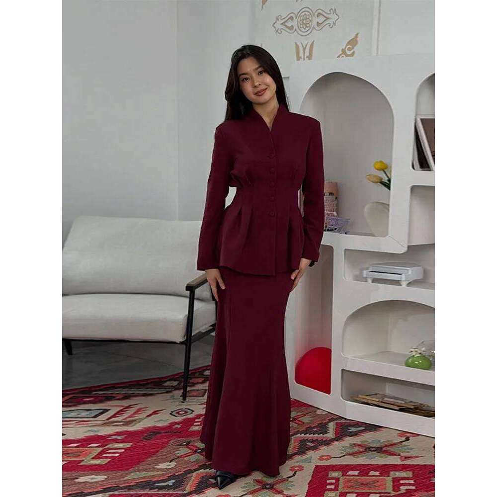Solid Stand Collar Women Blazer Set Hip Package Slim Lady Long Skirts Sets Elegant Office Single-breasted Female Coat Suit