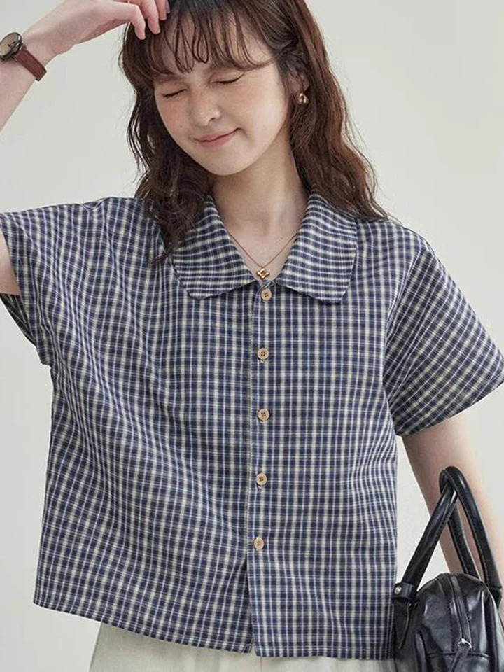 Zoki Women Vintage Plaid Shirt Casual Loose Summer Short Sleeve Blouse American Preppy Style Female Simple Retro Buttons Tops 250717