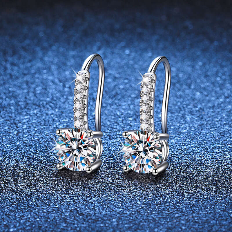 S Pure Sier French Four-Prong Moissanite Dia D Color 1 Carat Earrings Elegant Simple Ear Hooks cc3