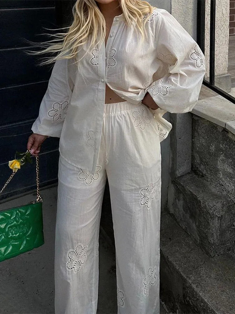 Womens Hollow Out Shirts Trouser Suits Long Sleeve O-Neck Solid Lady Sets 2025 Summer Fashion 2 Pieces Set Women Outfits 250715