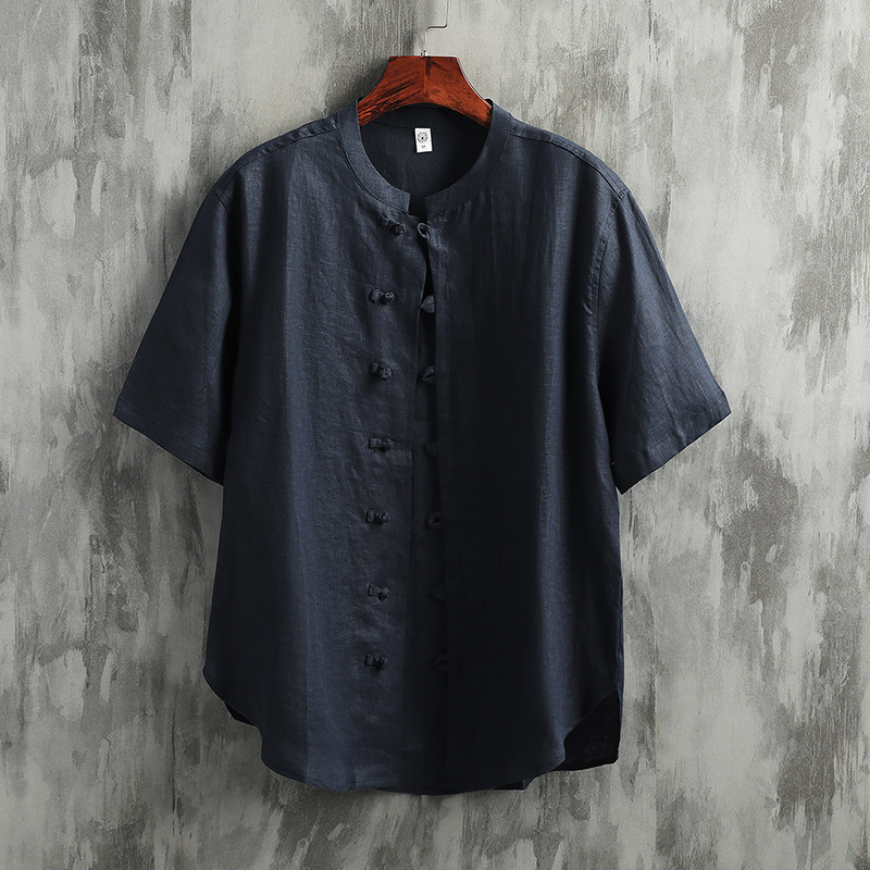 100% Pure Linen Style Mandarin Collar Short Sleeve for Men Summer New Chinese Tang Suit Zhongshan Shirt