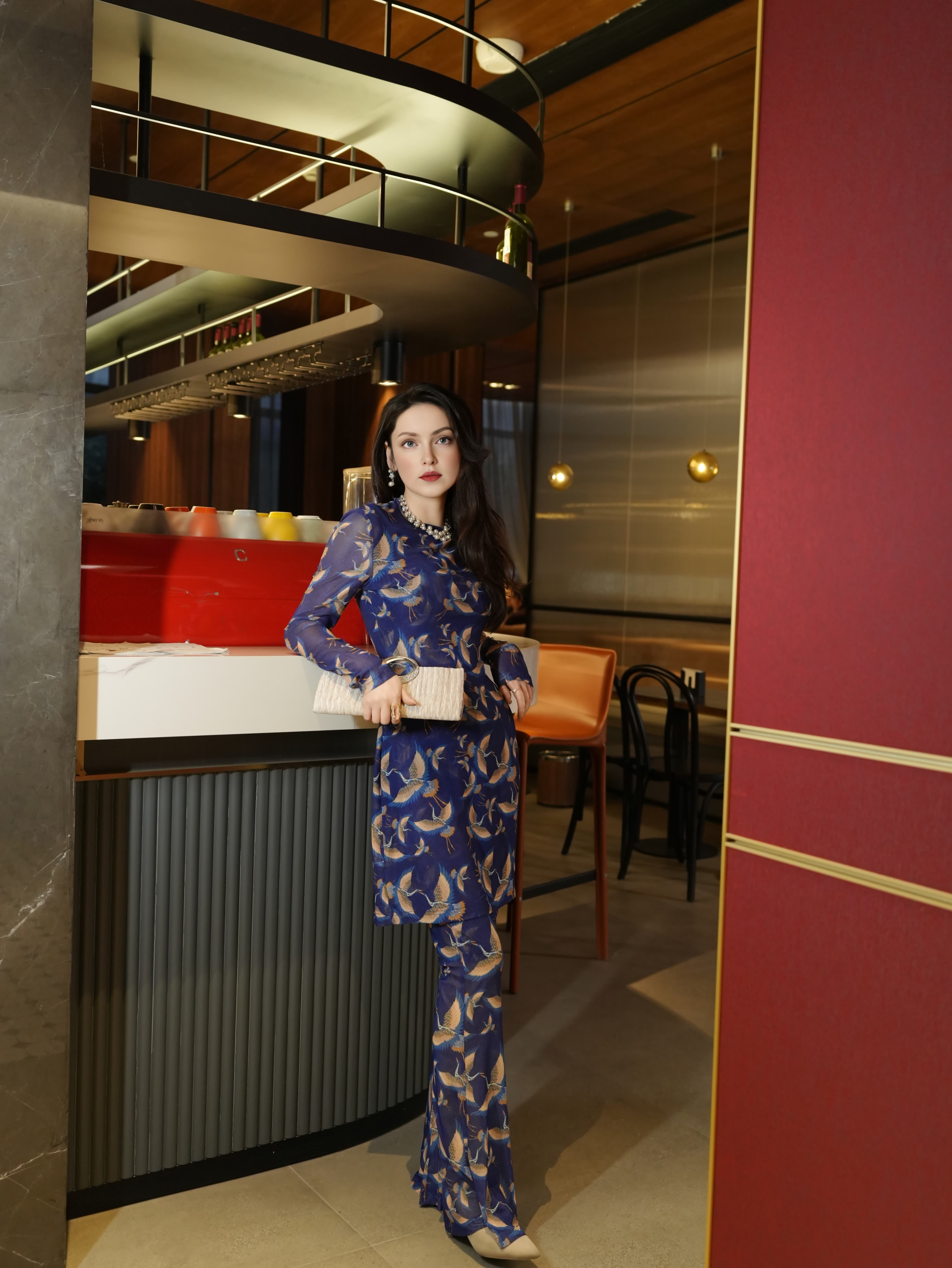 New original luxury designer blue red crowned crane set pants slimming highend summer fashion dress in party birthday activities daily be gift for mom