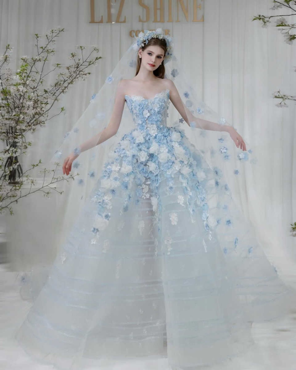 Fairy High Grades Party Evening Dress Appliques Blue Petal Strapless Lace A-Line Princess Bridal Gowns Customized