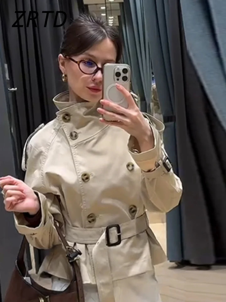 Fashion Womens Short Belt Jackets Turtleneck Double Breasted Full Sleeve Female Trench Coats 2025 Spring Lady Commute Outwear 250716
