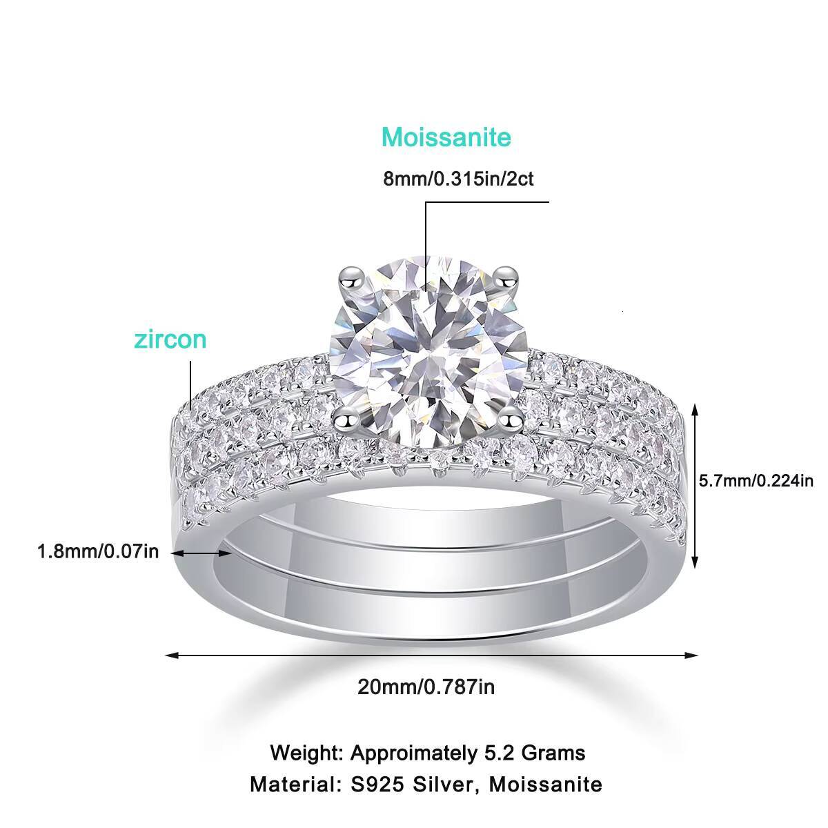 Zanlong 13772 2CT Stylish Elegant Womens Engagement 18K White Gold Plated Moissanite Diamond Ring Stackable Eternity Diamonds