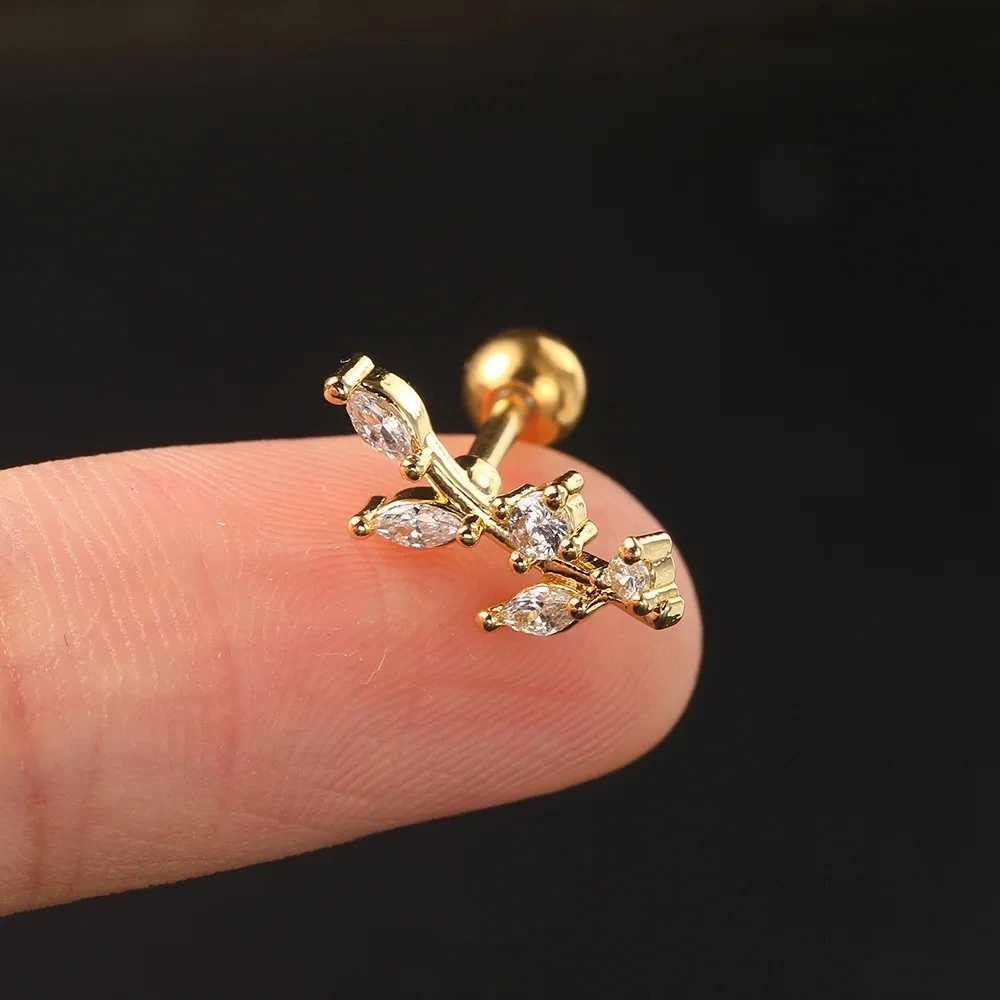 1PC New Curved CZ Cartilage Stud Moon Leaf Helix Rook Conch Screw Back Earring Stainless Steel Bar Ear Piercing Jewelry XJ250718