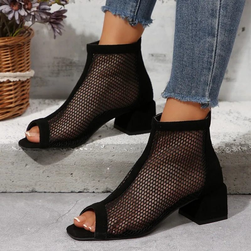 2024 Summer Boot Zapatos Chaussures Femme Zipper Square High Heel Leopard Woman Shoes Women Mesh Suede Ankle Boots Size 43 250714
