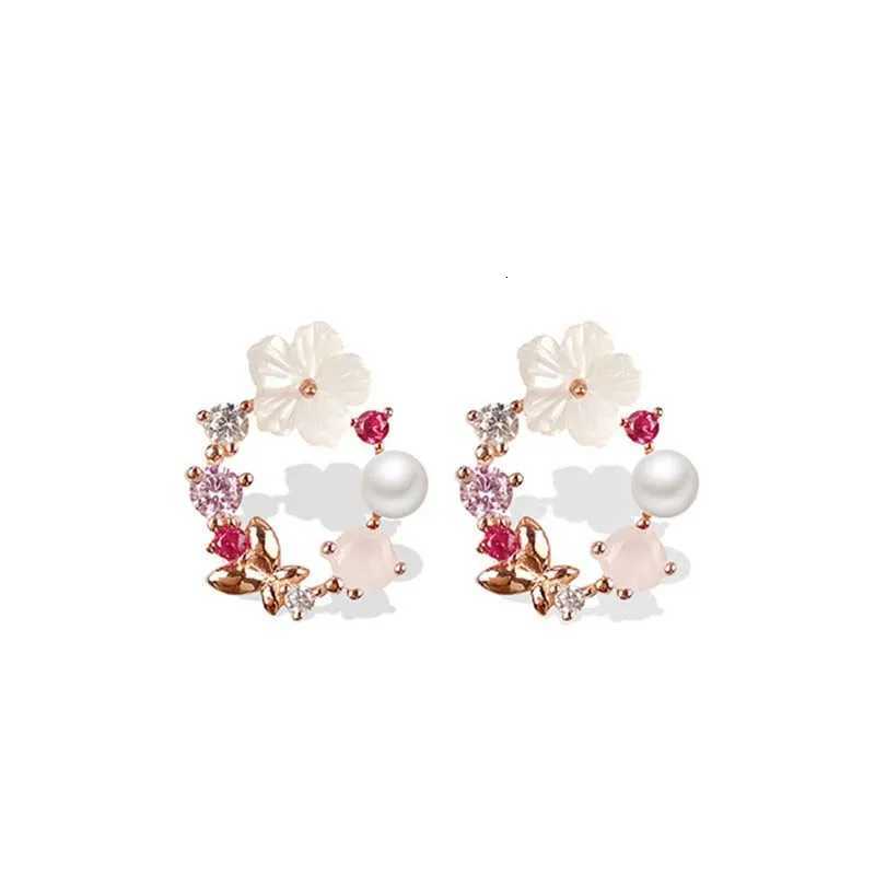 2K Pink Crystal Flower Pearl Butterfly Ear Studs Summer New Arrival Korean Fashion Luxury Hoop Earrings for Women Jewelry Gift XJ250718